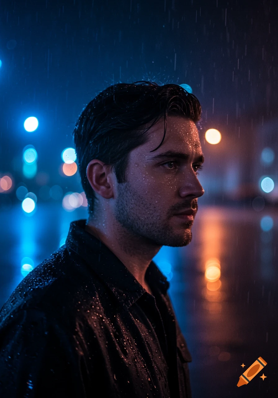 Cinematic, photorealistic portrait of a man standing in the rain at night, illuminated by blurred blue and amber city lights.