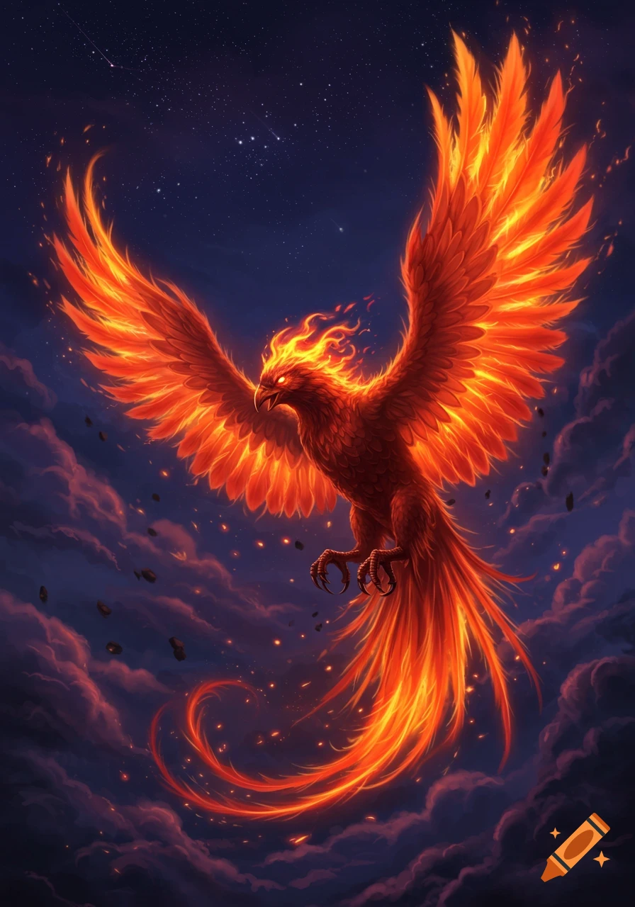 A majestic fiery phoenix with outstretched wings soars through a dark, starry night sky amidst glowing clouds.