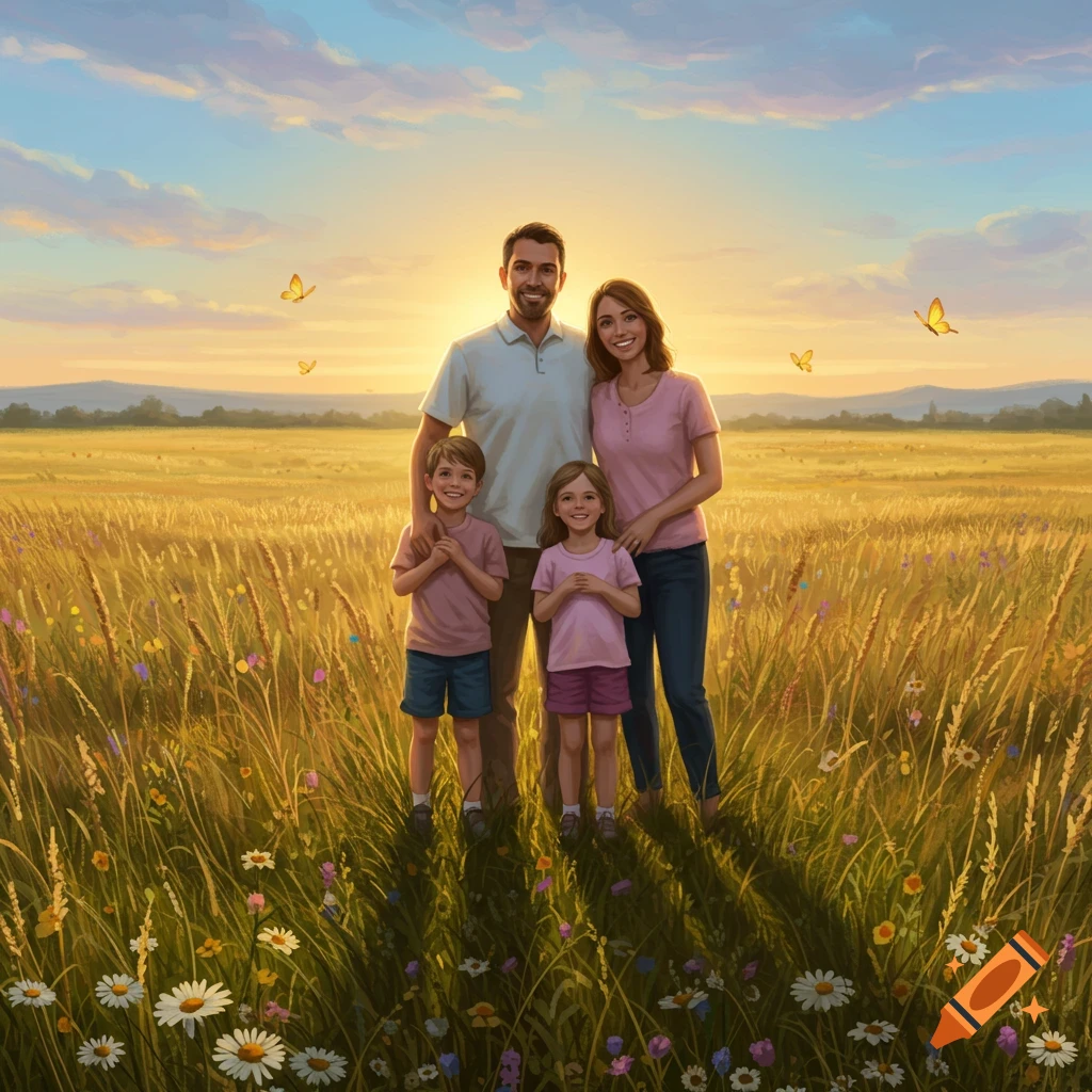 Digital painting of a smiling family of four standing in a golden wheat field with wildflowers at sunset.