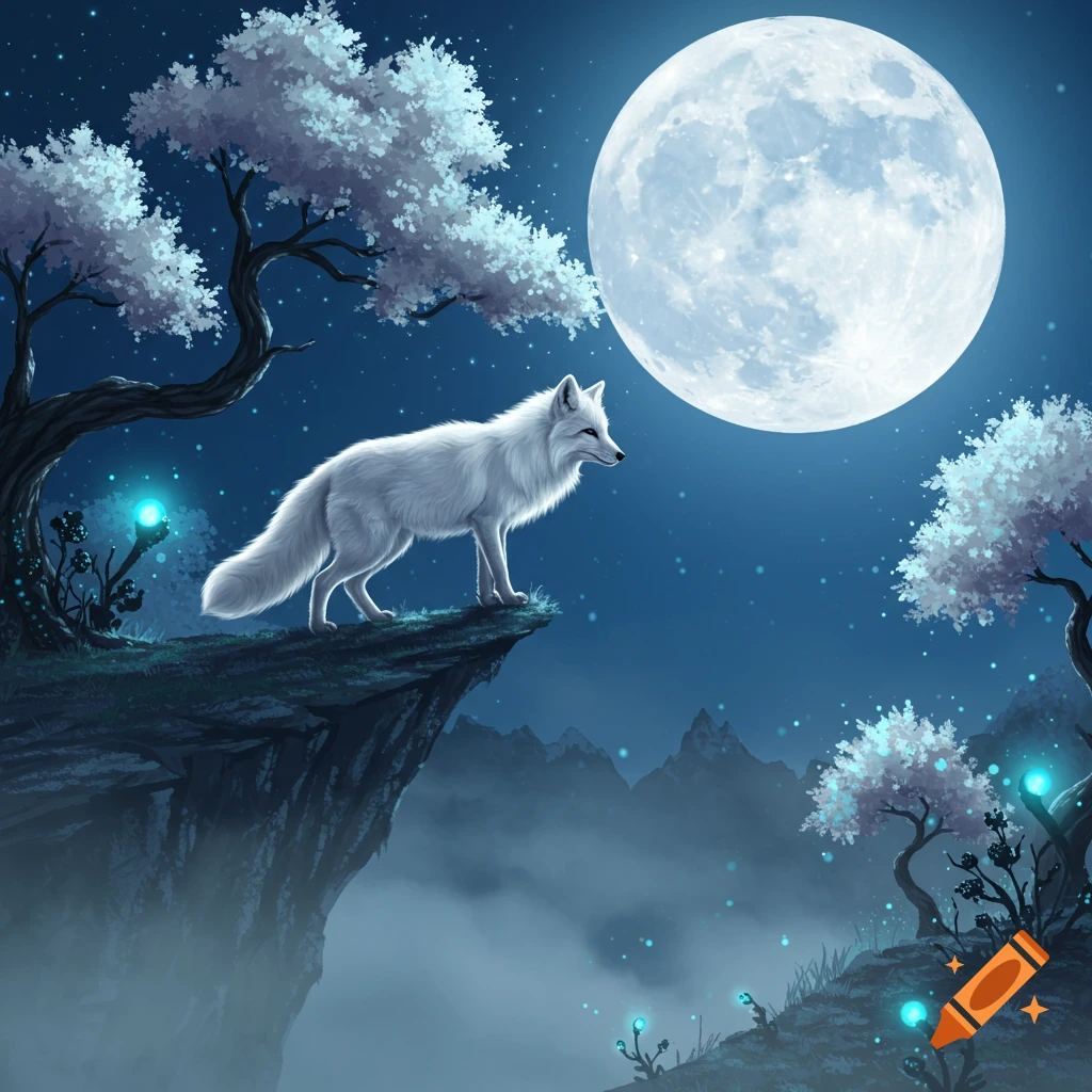 White fox on a cliff edge under a large full moon, with ethereal glowing trees and misty mountains in a fantasy illustration.