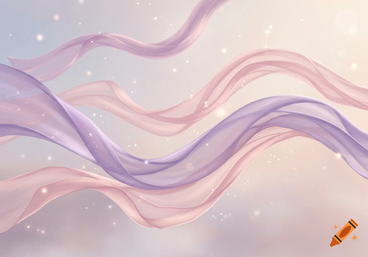 Soft, flowing ribbons in pastel purple and pink with sparkling light effects against a light background.