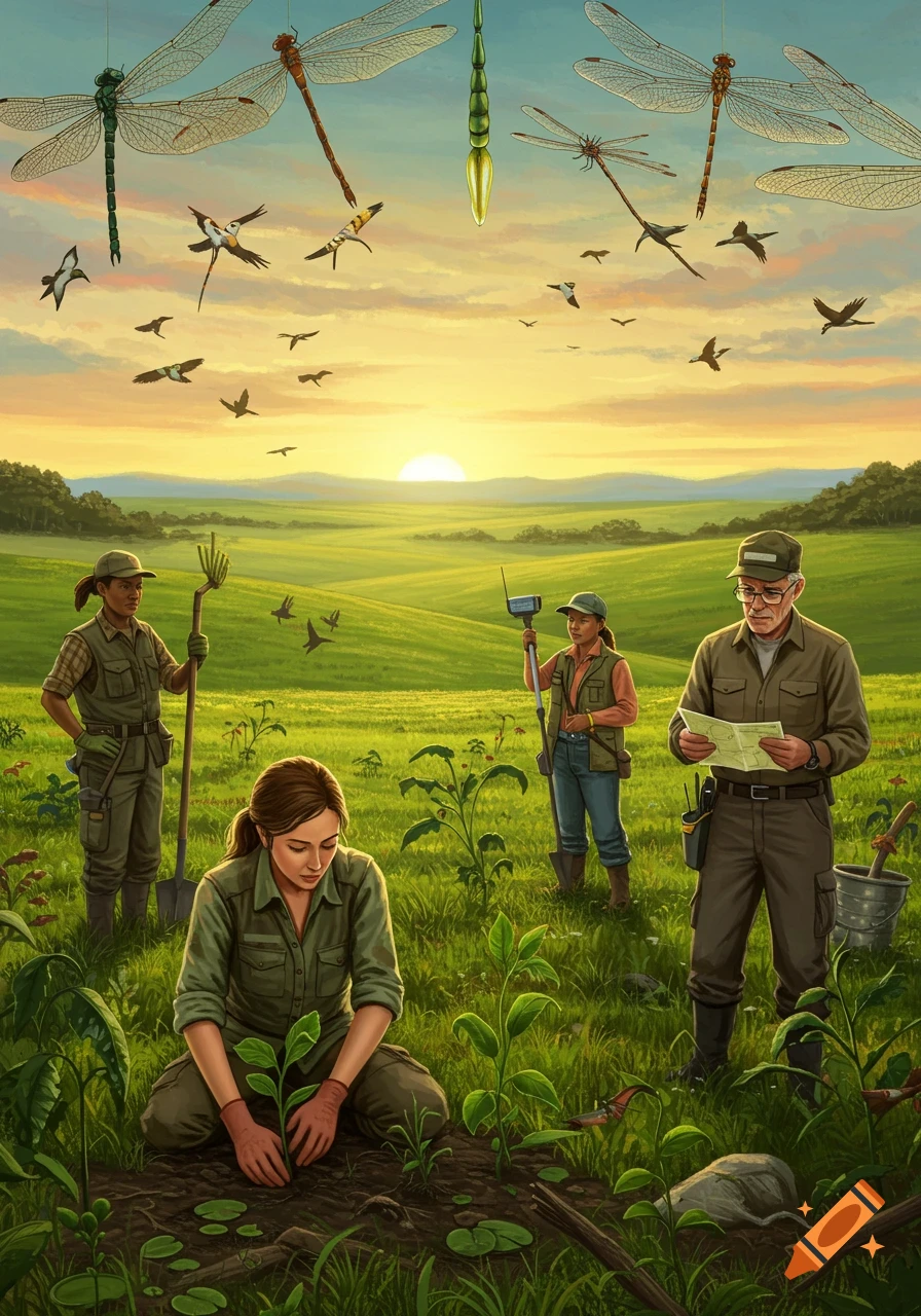 Illustration of ecologists planting and surveying in a vibrant green field at sunset, with large dragonflies and birds.