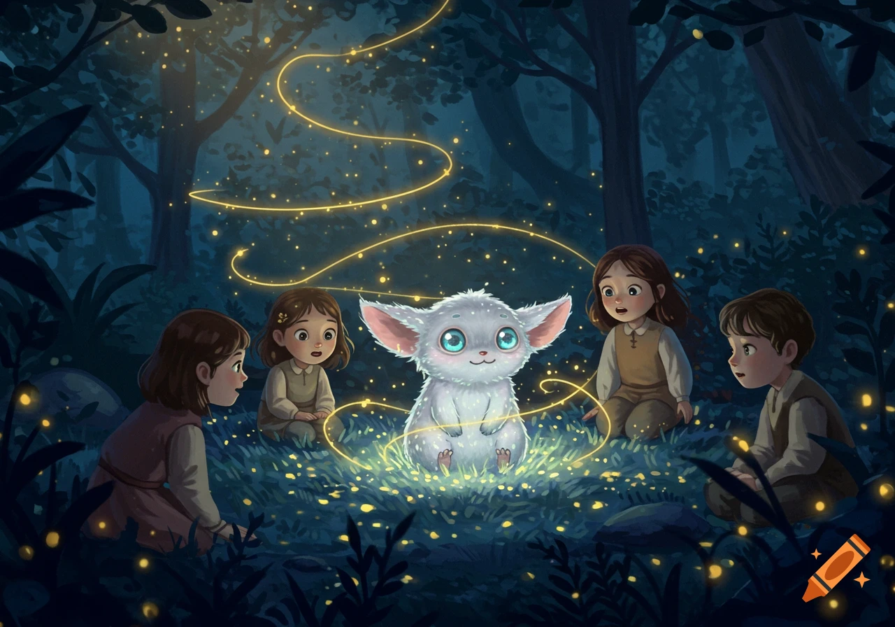 Four children gather around a small, white fluffy creature glowing in a magical, dark forest filled with fireflies.