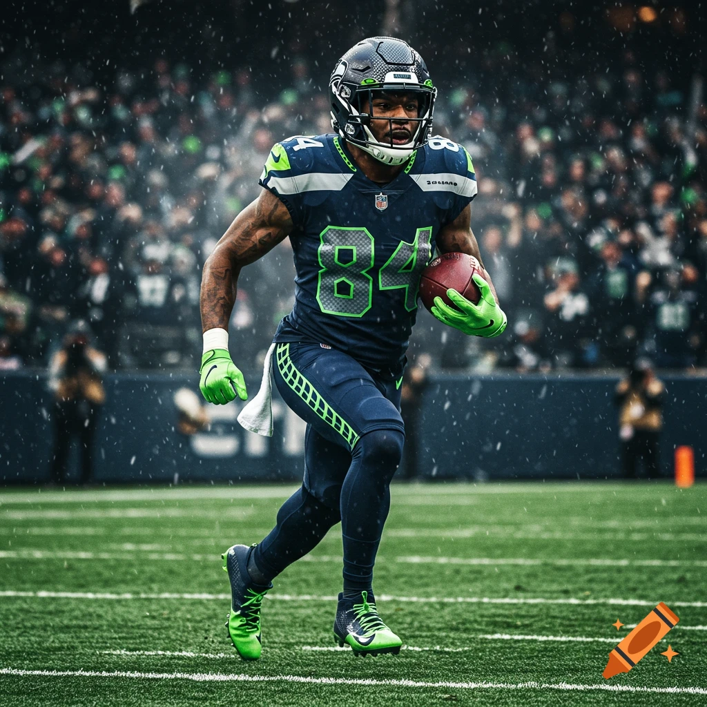 A photorealistic image of an American football player in a blue and neon green uniform, number 84, running on a rainy field during a game.