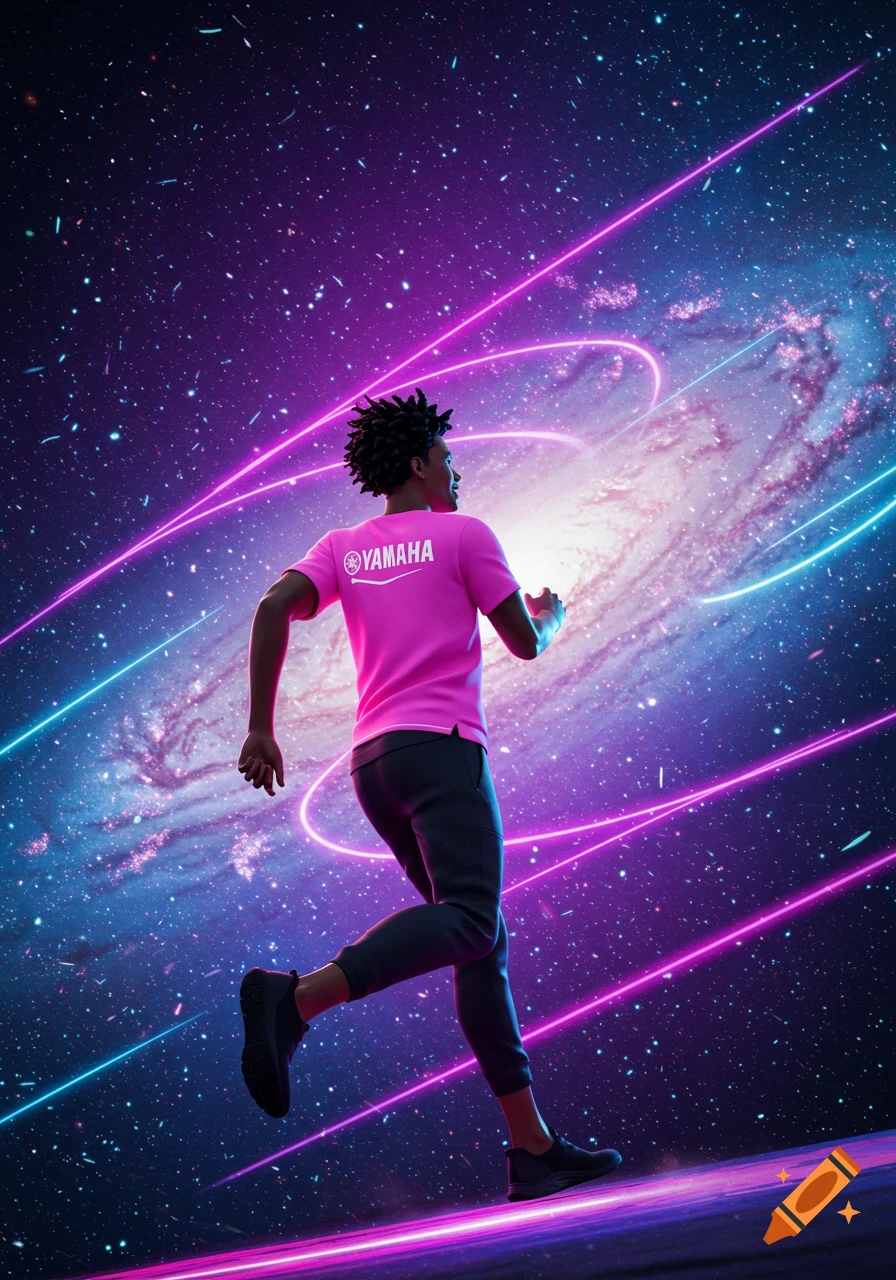 A man in a pink Yamaha shirt runs through a vibrant galaxy with purple and blue neon light trails.