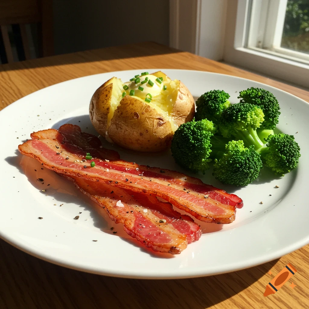 A close-up of a white plate with crispy bacon, a buttered baked potato with chives, and steamed broccoli on a wooden table, lit by natural light.