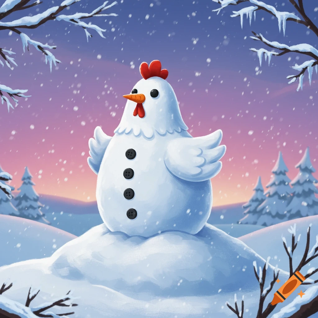 A charming 2D animation of a hen-shaped snowman with buttons and a carrot nose in a snowy winter landscape.