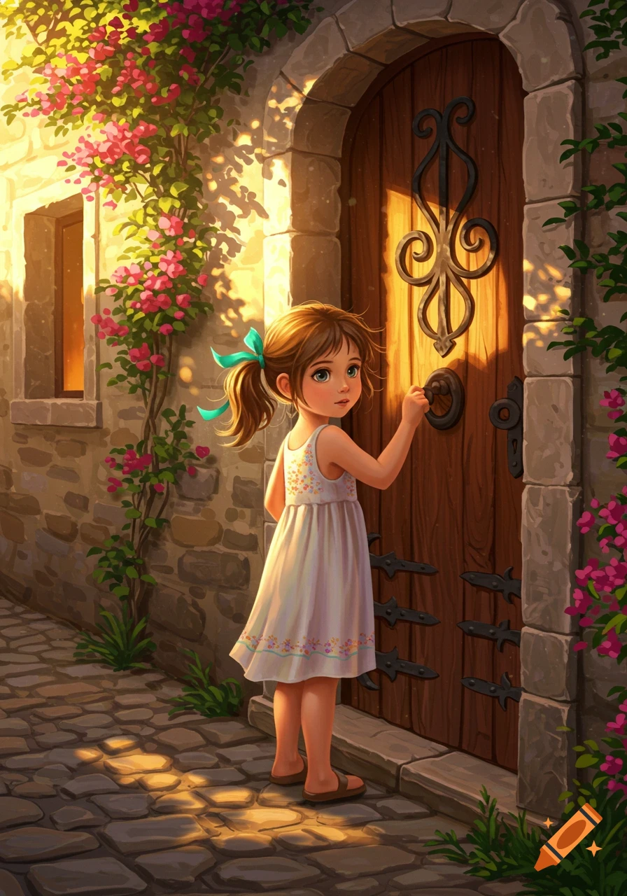 A young girl in a white dress with a ponytail knocks on a large wooden door in a sunlit stone alleyway with pink flowers, illustration.