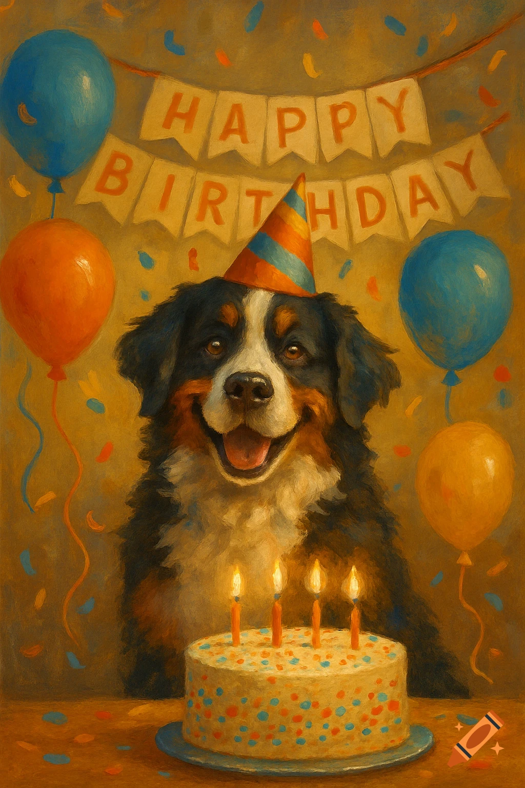 A happy Bernese Mountain Dog in a party hat, with a birthday cake, balloons, and 'Happy Birthday' banner, in a warm, painterly style.