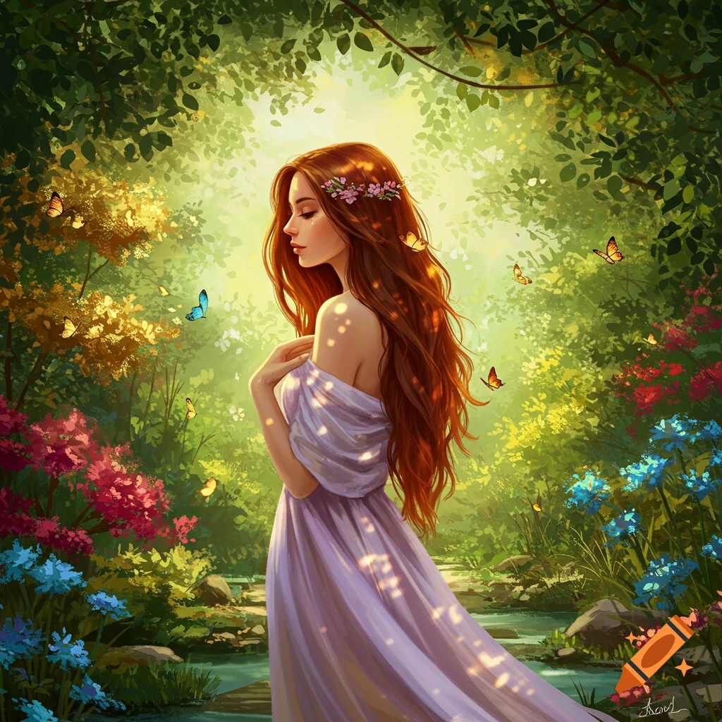An illustrated fantasy woman with long red hair and a floral crown, wearing a flowing dress, stands in a lush, sunlit forest with butterflies and a stream.