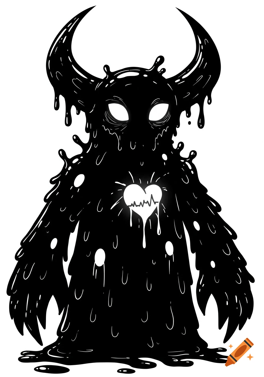 A black goo monster with large horns, glowing white eyes, and a bright white heart with a heartbeat line on its chest, in a messy pen style.