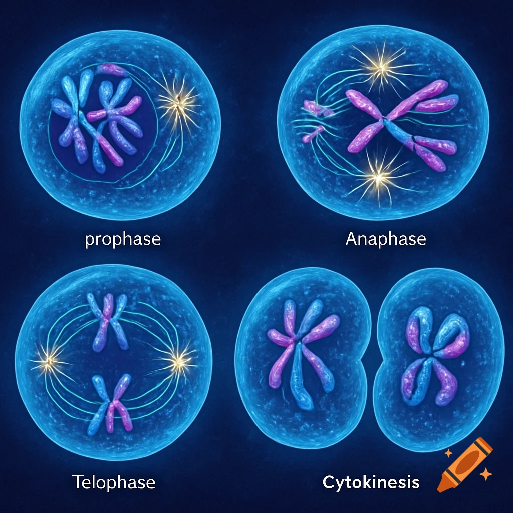 An illustration of the stages of animal cell mitosis, showing prophase, anaphase, telophase, and cytokinesis with chromosomes and spindle fibers, against a dark blue background.