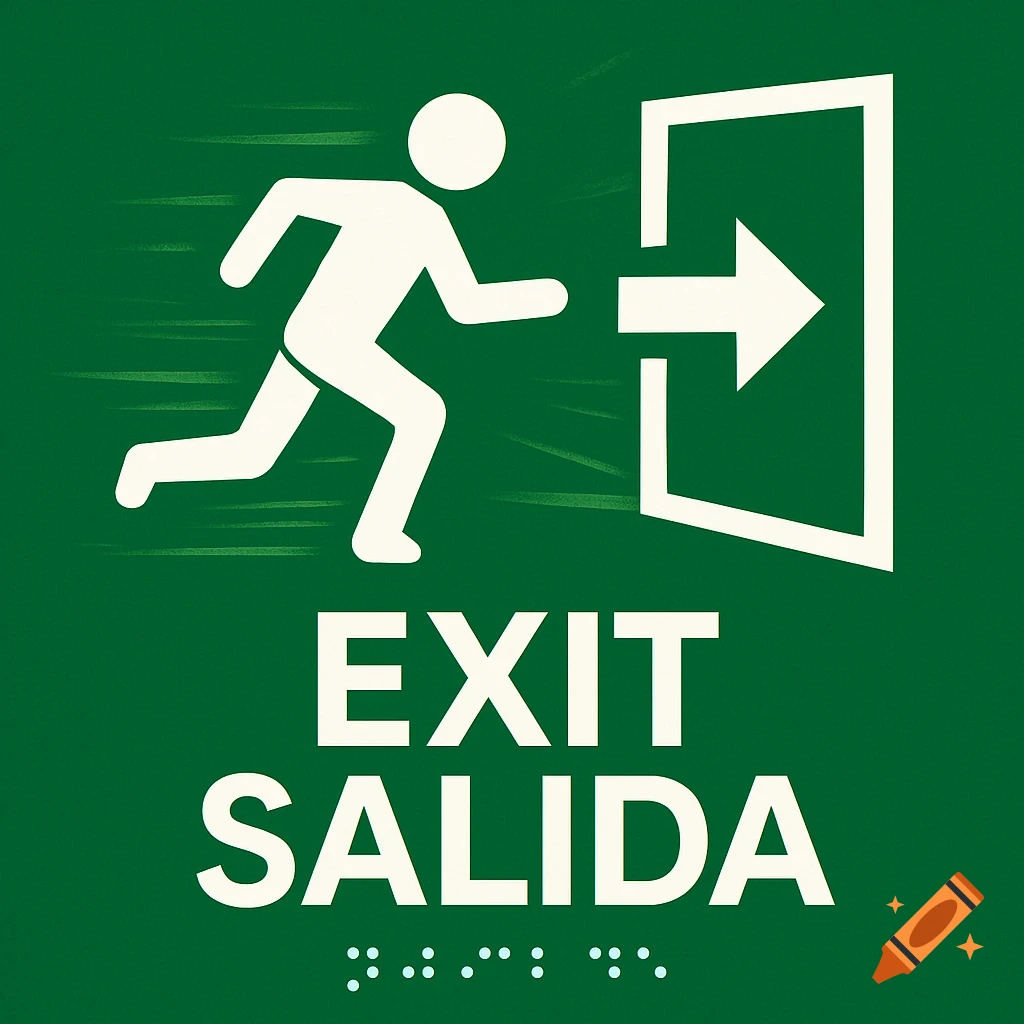 A green emergency exit sign featuring a white running stick figure pointing towards an open door with an arrow, with "EXIT" and "SALIDA" written below it in white.