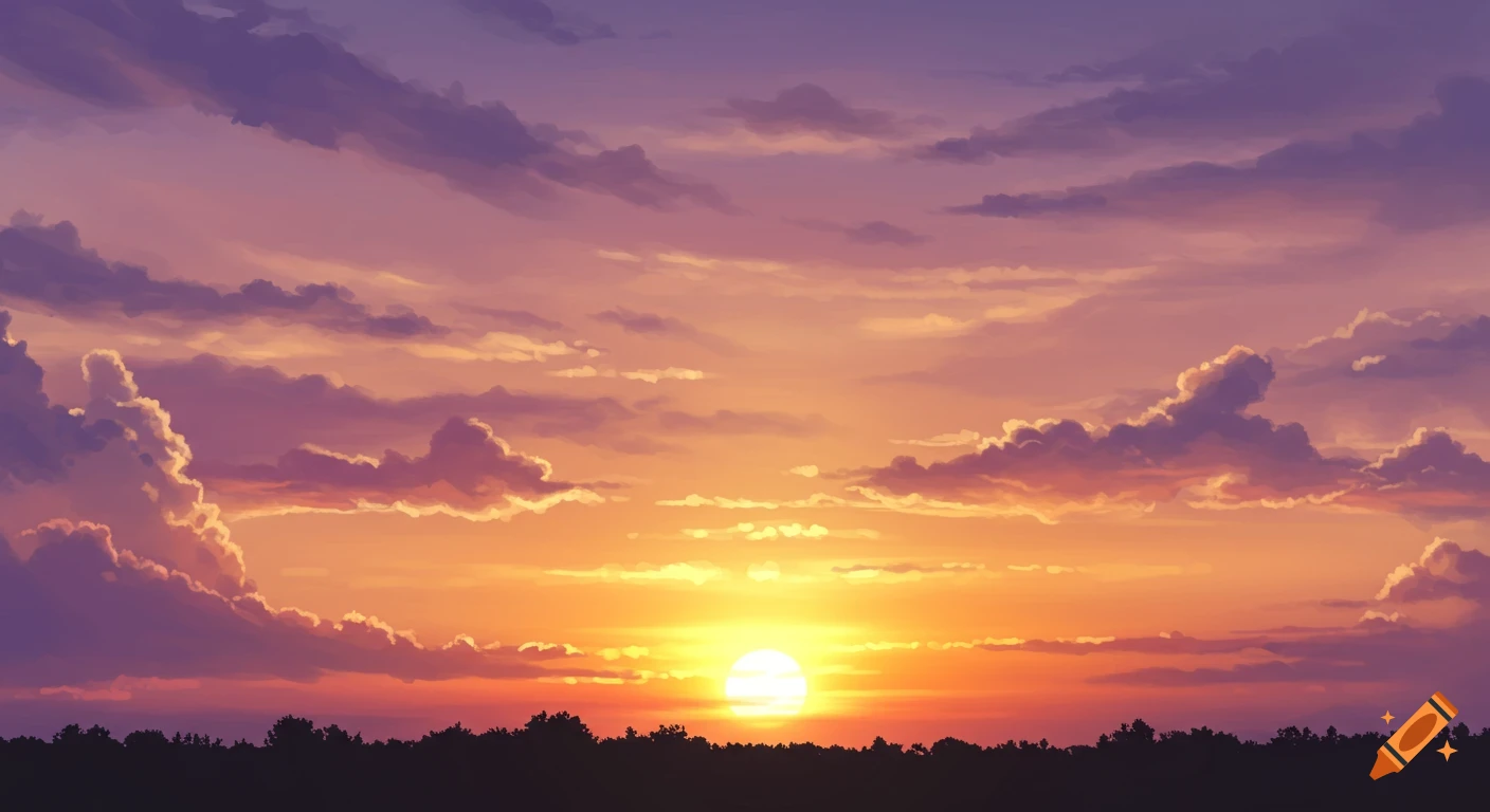 A vibrant anime-style sunset with orange, pink, and purple clouds above a dark forest silhouette.