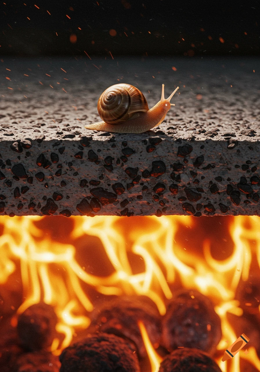 A photorealistic close-up of a snail crawling on a concrete slab with intense flames burning directly beneath it.