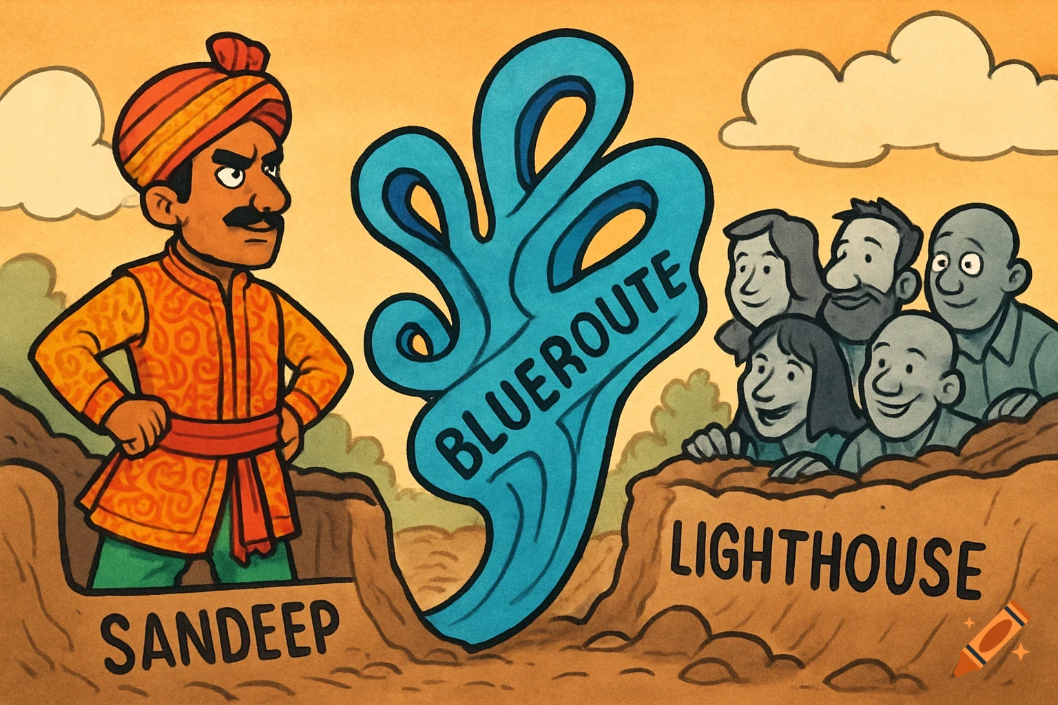 Cartoon illustration of an Indian man named Sandeep in a trench, facing a group of people labeled Lighthouse across a blue Blueroute object.
