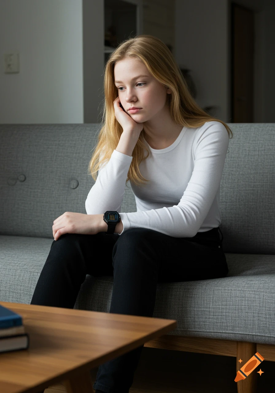 A pensive blonde teen woman sits on a gray sofa, wearing a white long-sleeved shirt, black pants, and a digital watch, in a photorealistic style.
