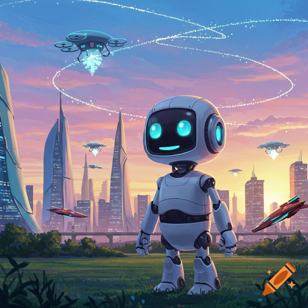 Cute robot in a grassy field with a futuristic city skyline, drones, and flying vehicles under a colorful sunset sky, cartoon style.