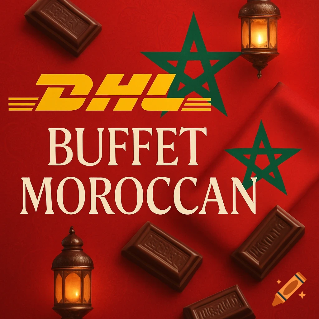 A graphic design featuring the DHL logo, 'BUFFET MOROCCAN' text, a Moroccan flag, scattered Hershey's chocolate bars, and small lanterns on a red background with Moroccan patterns.