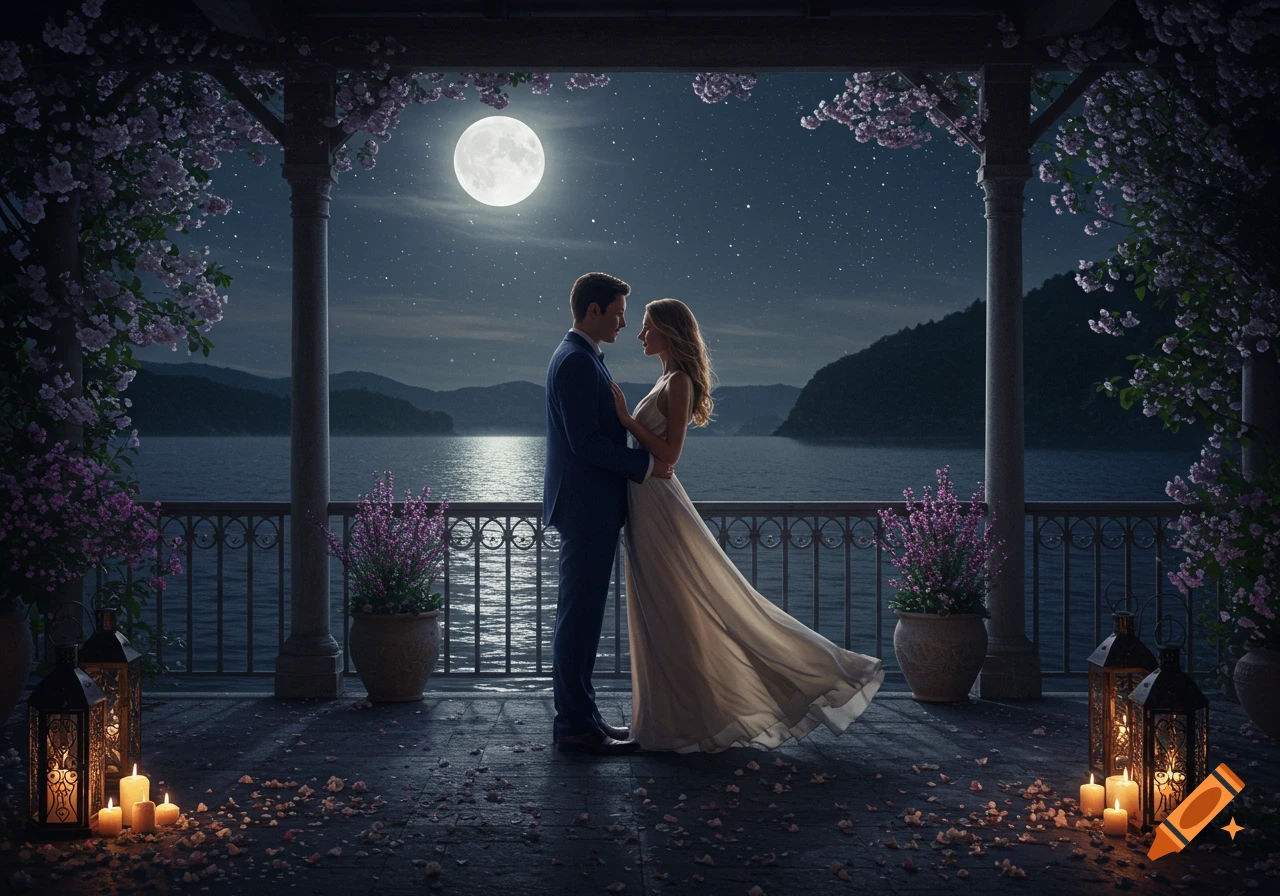 A man and woman embrace on a balcony overlooking a moonlit lake at night, surrounded by flowers and lanterns.
