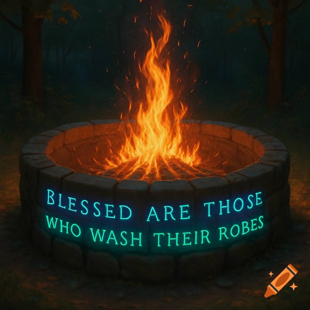 A blazing fire in a stone firepit with glowing text 'Blessed are those who wash their robes' in a dark forest, illustration.
