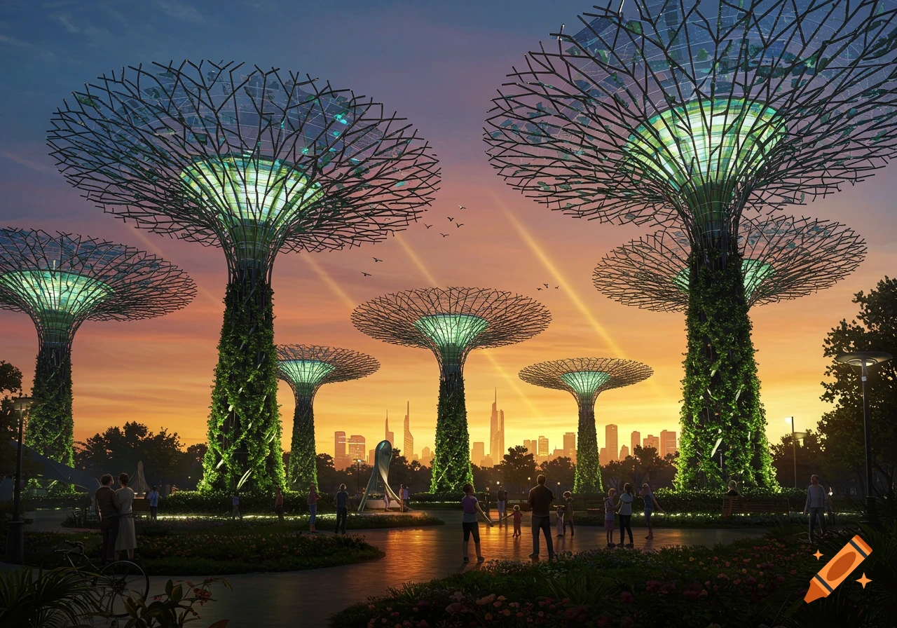 Photorealistic image of a futuristic park with large, glowing Supertrees and people walking at sunset against a city skyline.