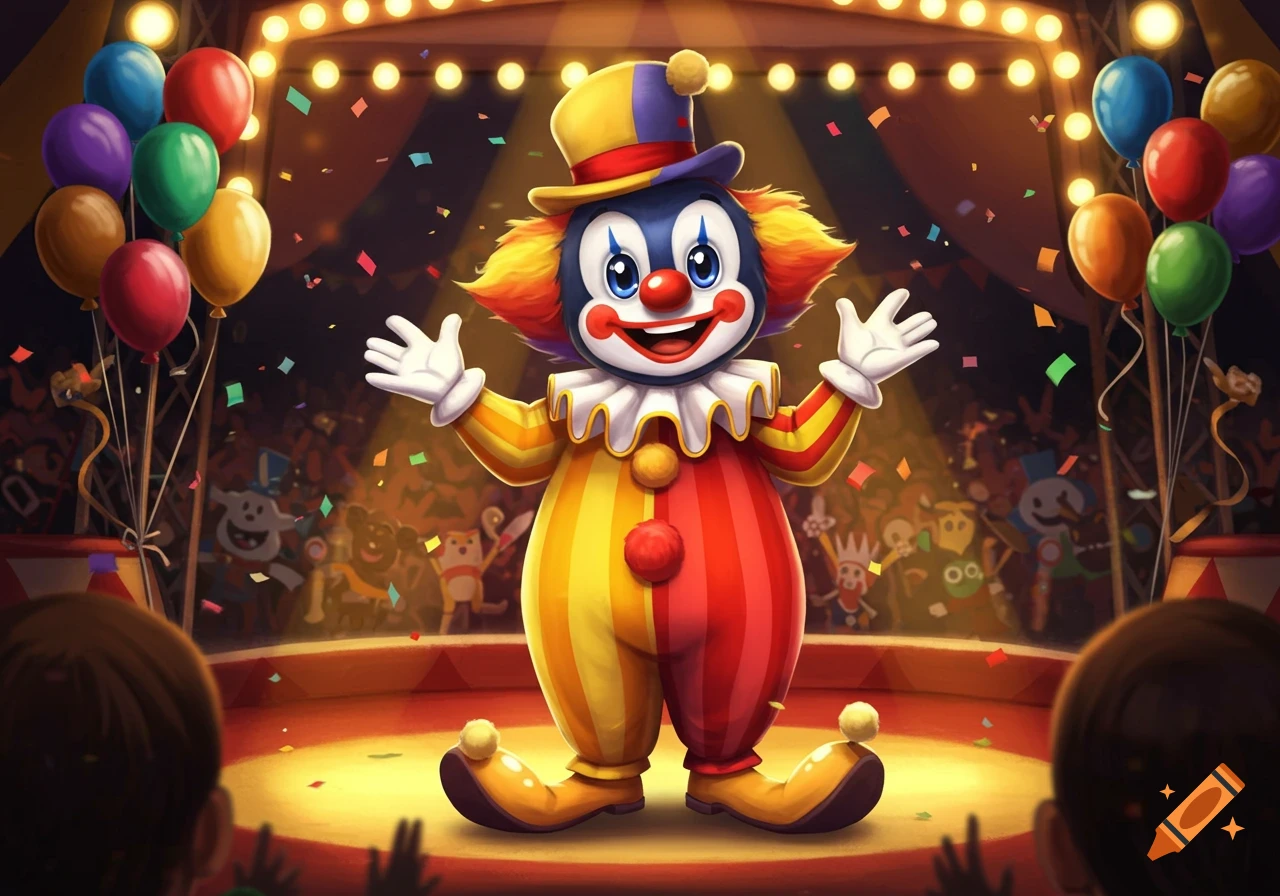 A cheerful cartoon clown in a colorful costume welcomes an audience on a brightly lit circus stage, surrounded by balloons and falling confetti.