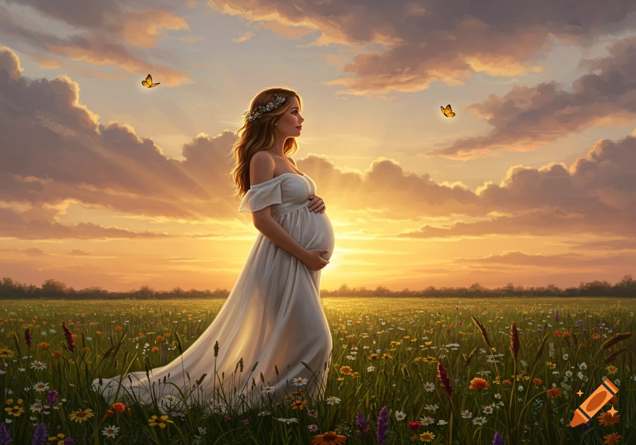 A radiant pregnant woman in a white dress stands in a wildflower field at sunset, hands on her belly, with butterflies in the golden sky.