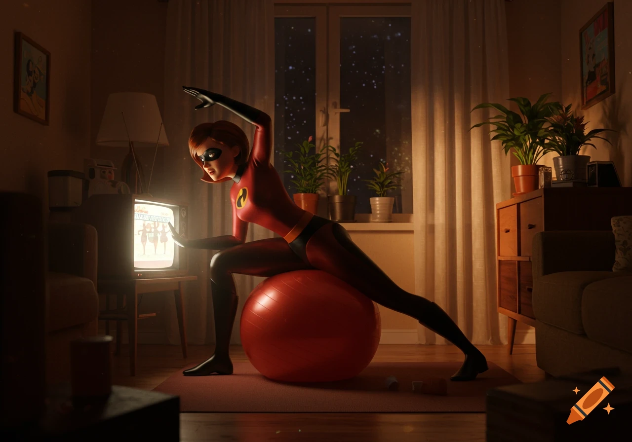 Elastigirl stretches on a red exercise ball in a dimly lit living room, watching an exercise video on an old TV. Animated style.