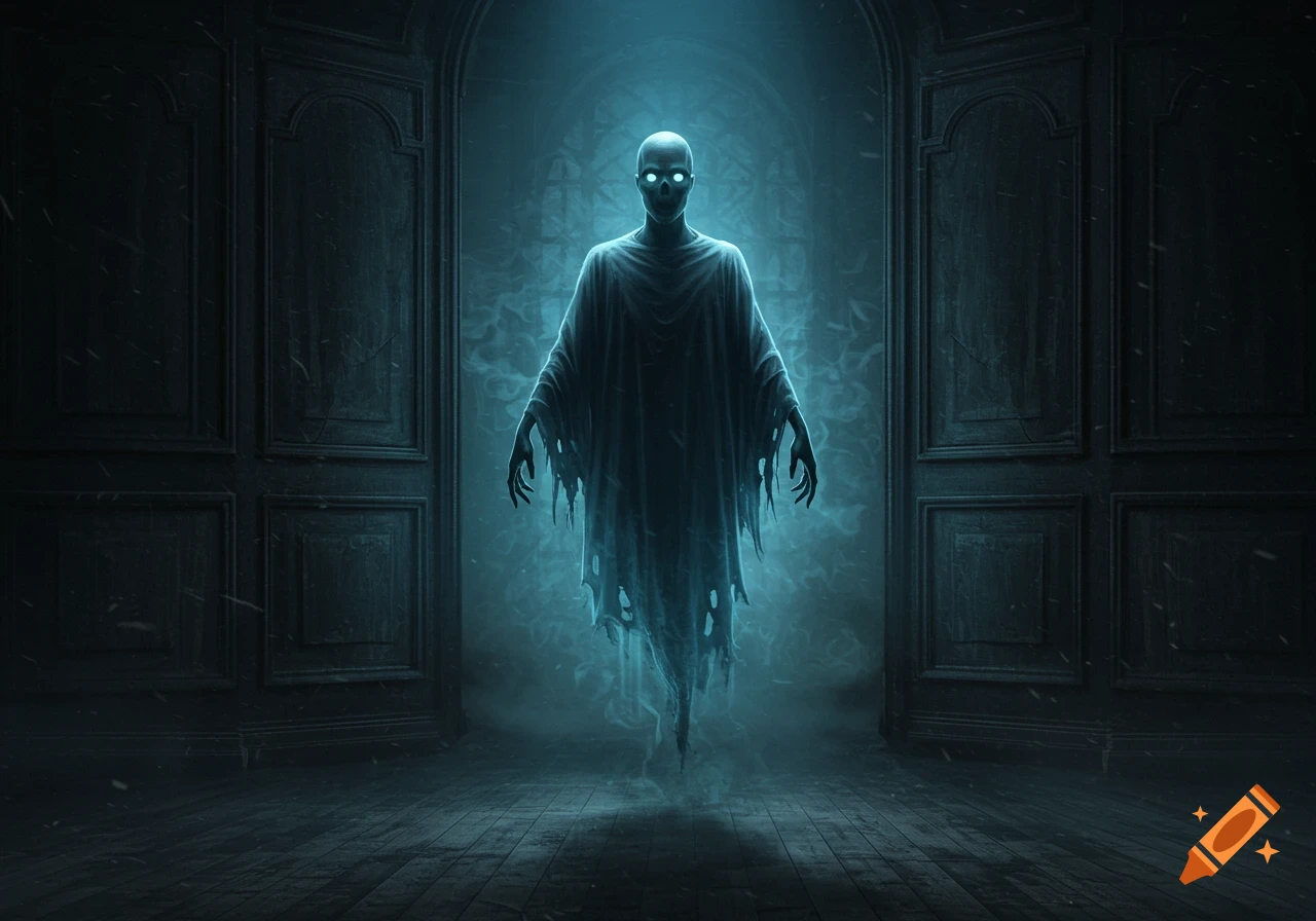 A pale, glowing ghost with empty eyes floats in a dark, atmospheric room with open doors.