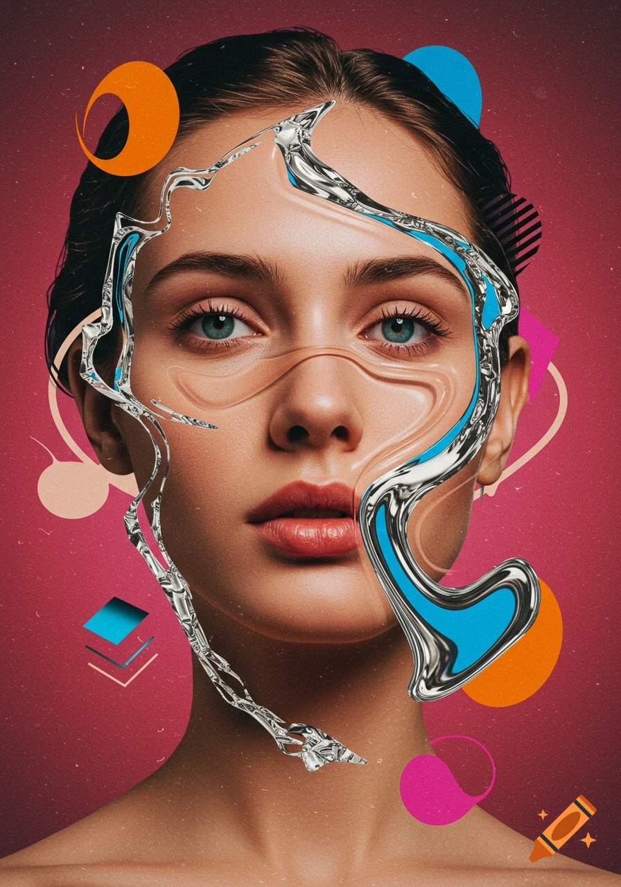 Abstract digital art portrait of a woman with metallic and clear distortions on her face, against a pink background with geometric shapes.