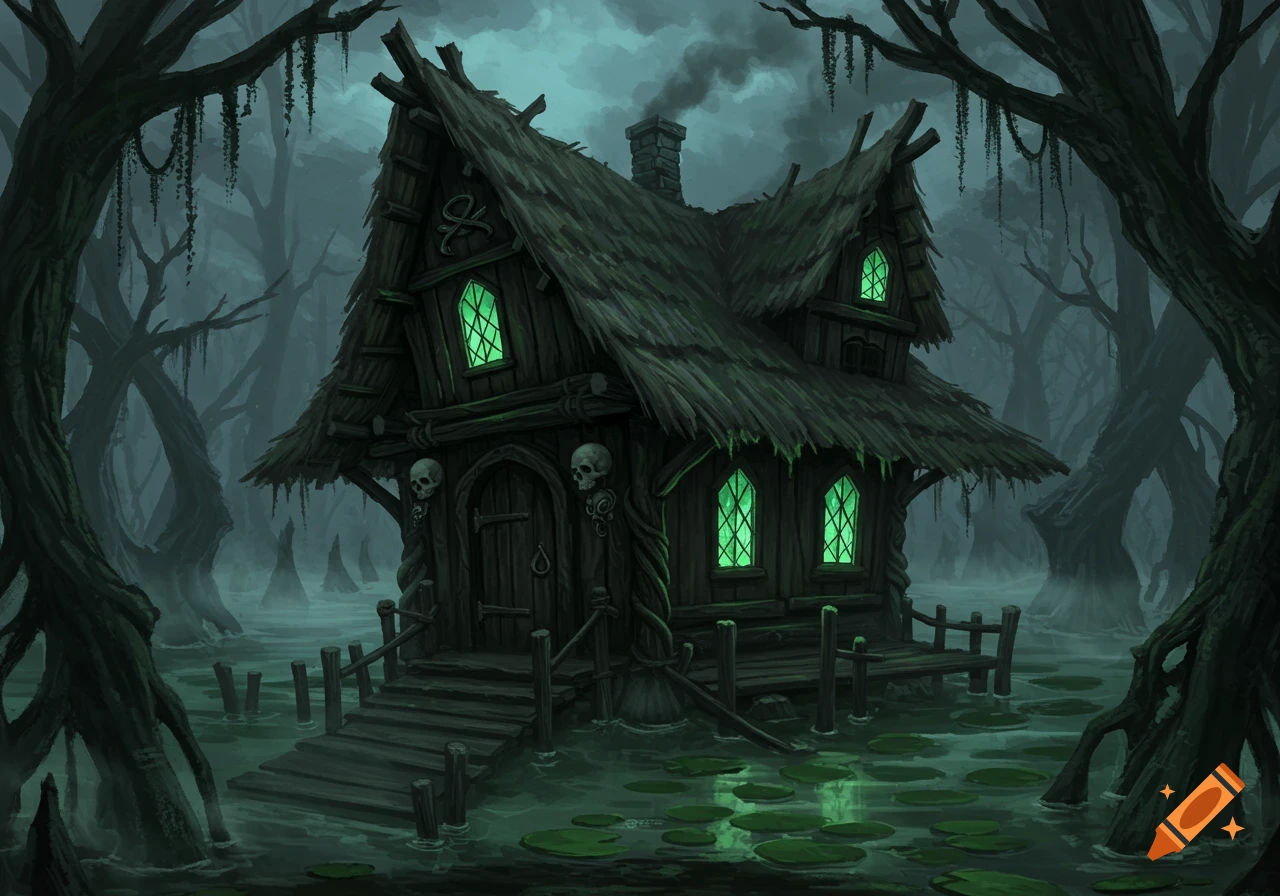 Dark fantasy illustration of a witch hut with green glowing windows and skull decor, in a misty swamp with gnarled trees.