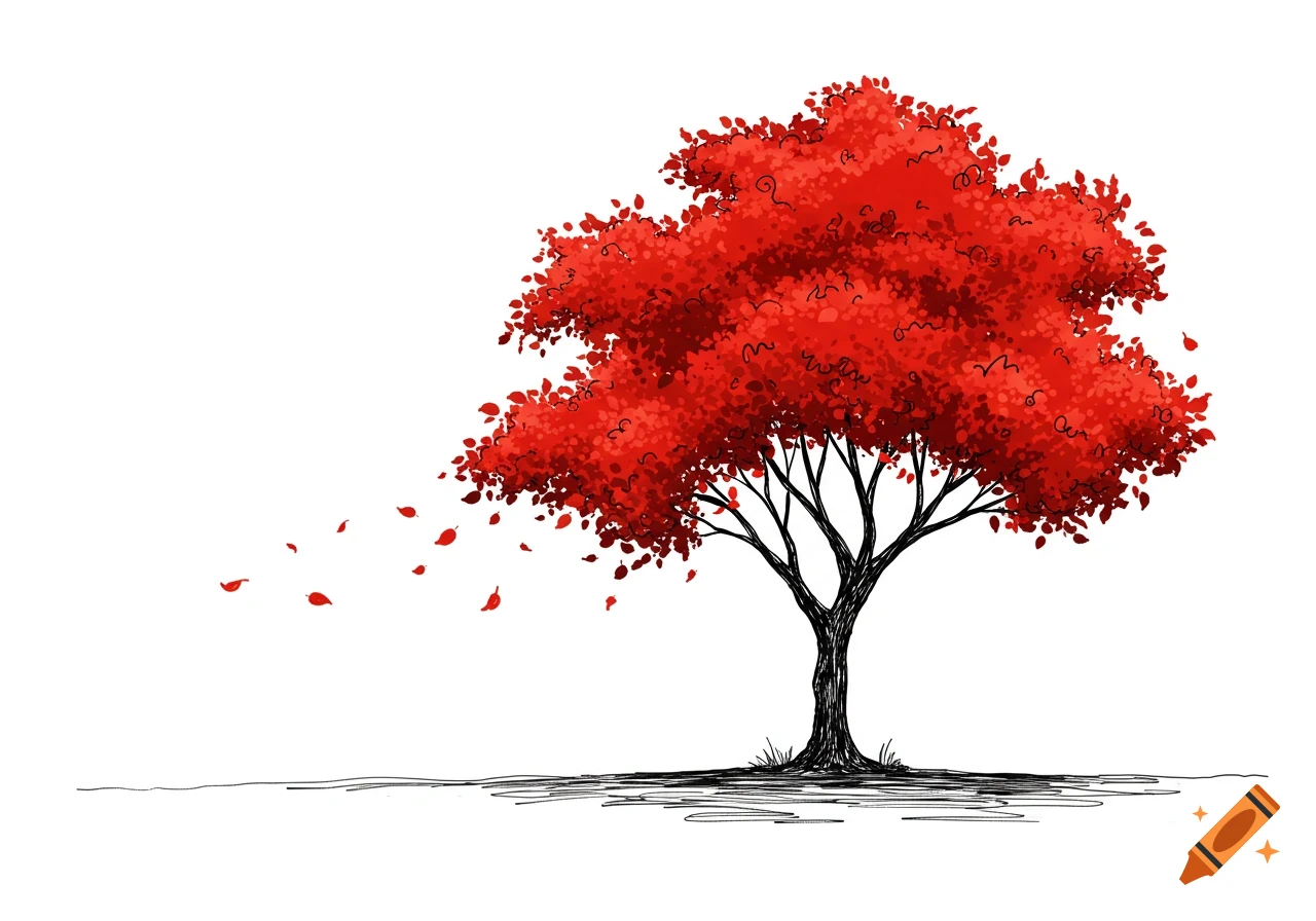 Line drawing of a vibrant red autumn tree with falling leaves on a plain white background.