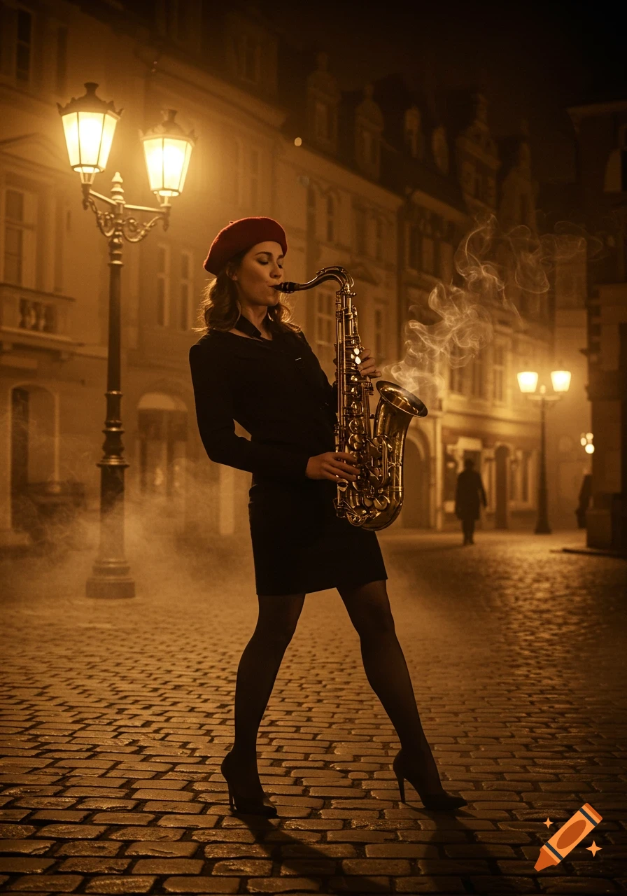 A woman in a red beret and black dress plays a saxophone on a cobbled street at night, illuminated by glowing street lamps.