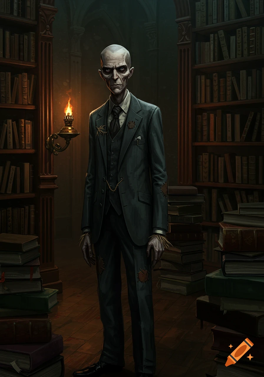 A gaunt, bald man in a dark, patched suit stands in a dimly lit gothic library with tall bookshelves.