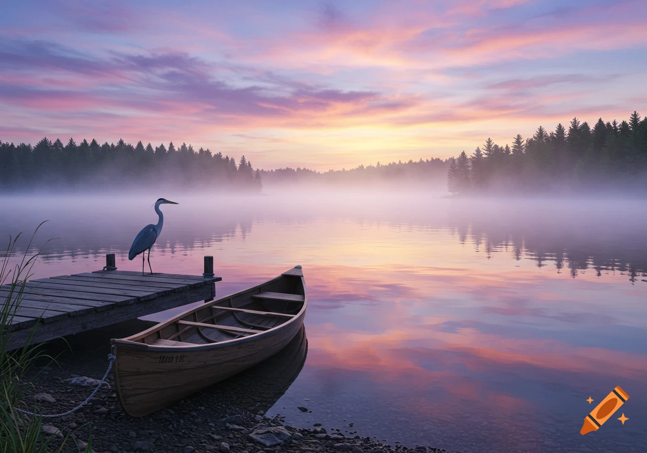 A great blue heron stands on a wooden dock next to a canoe on a misty lake at sunrise, surrounded by a pine forest.
