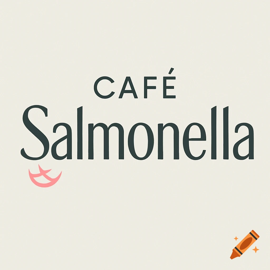 Minimalist wordmark logo for CAFÉ Salmonella in dark green text with a pink stylized salmon icon.
