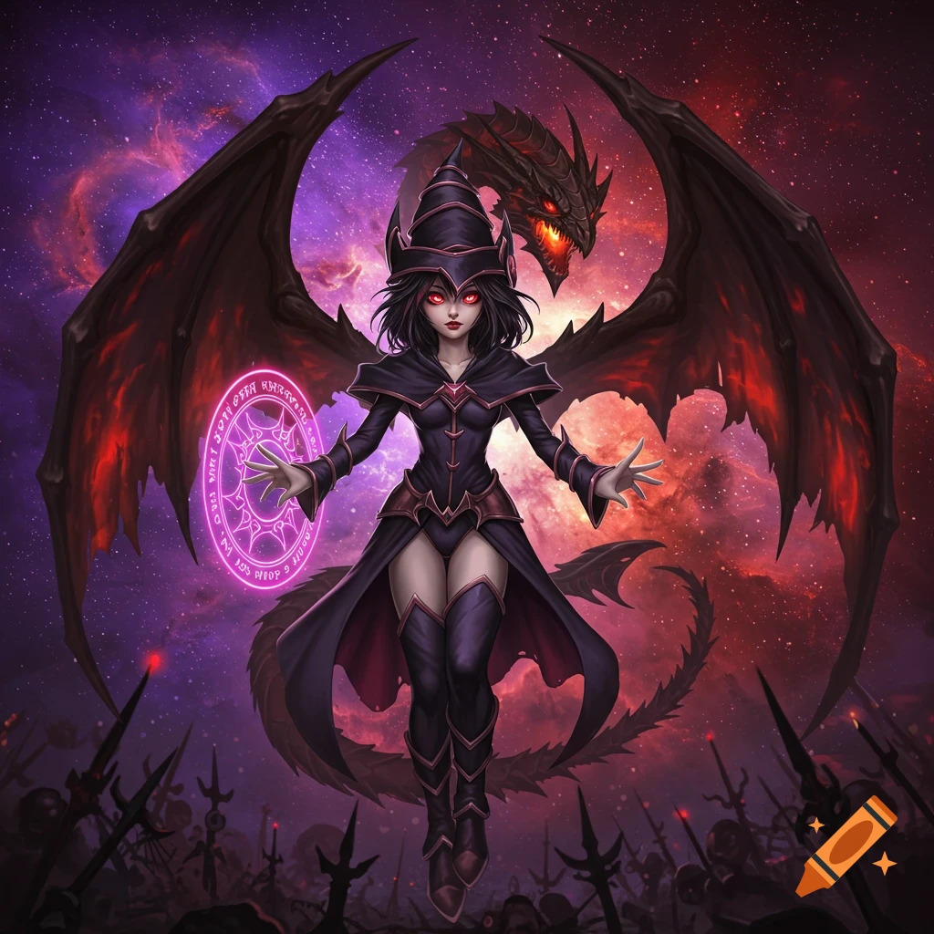 A dark magician girl with a pointed hat and cloak holds a glowing pink magical circle, with a fierce red-eyed dragon behind her against a cosmic sky.