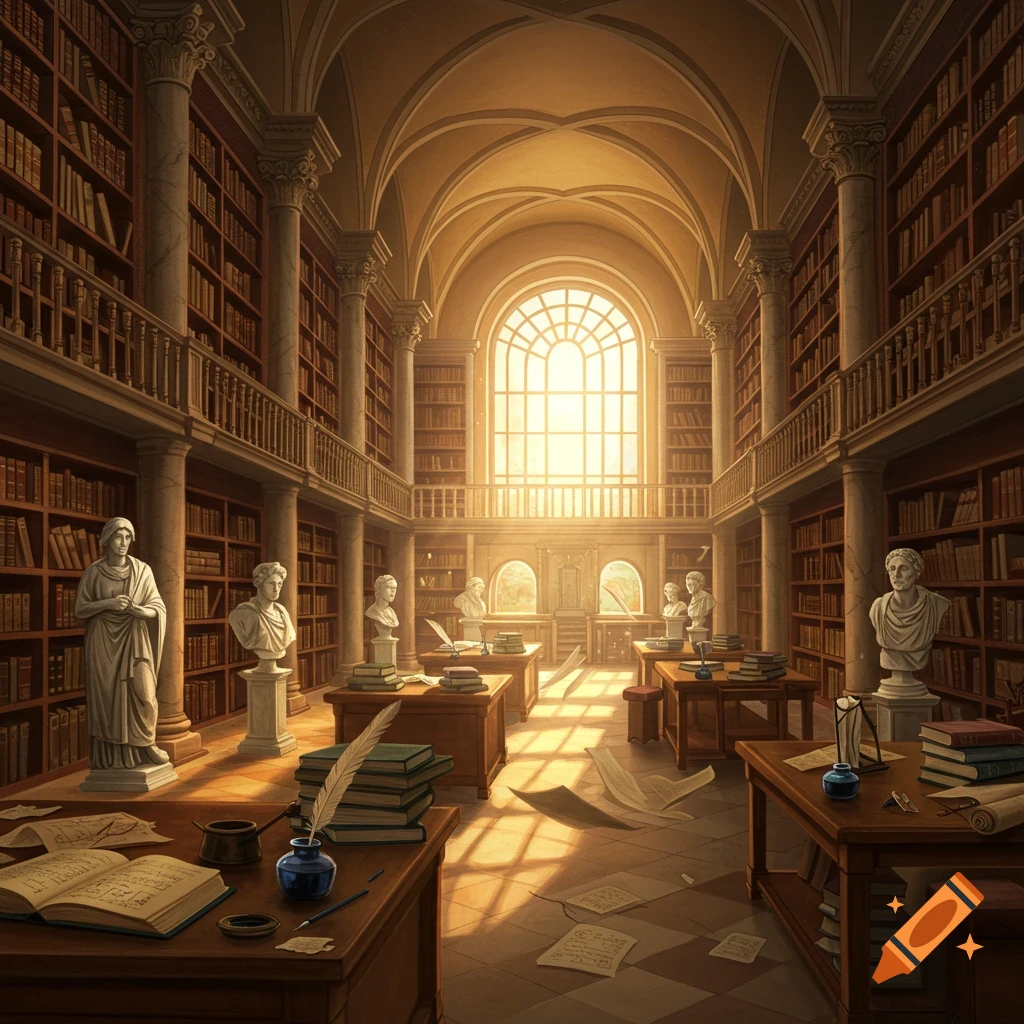 A sunlit grand classical library with tall bookshelves, statues, and writing desks with quills and scattered papers.