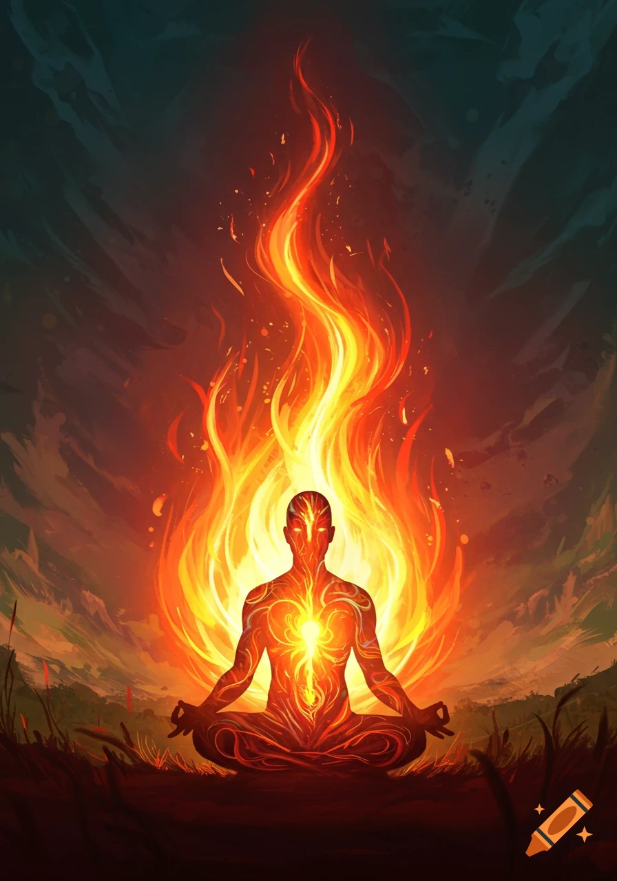 A stylized fiery human figure sits in a meditative pose, engulfed in flames, against a dark, mystical landscape.