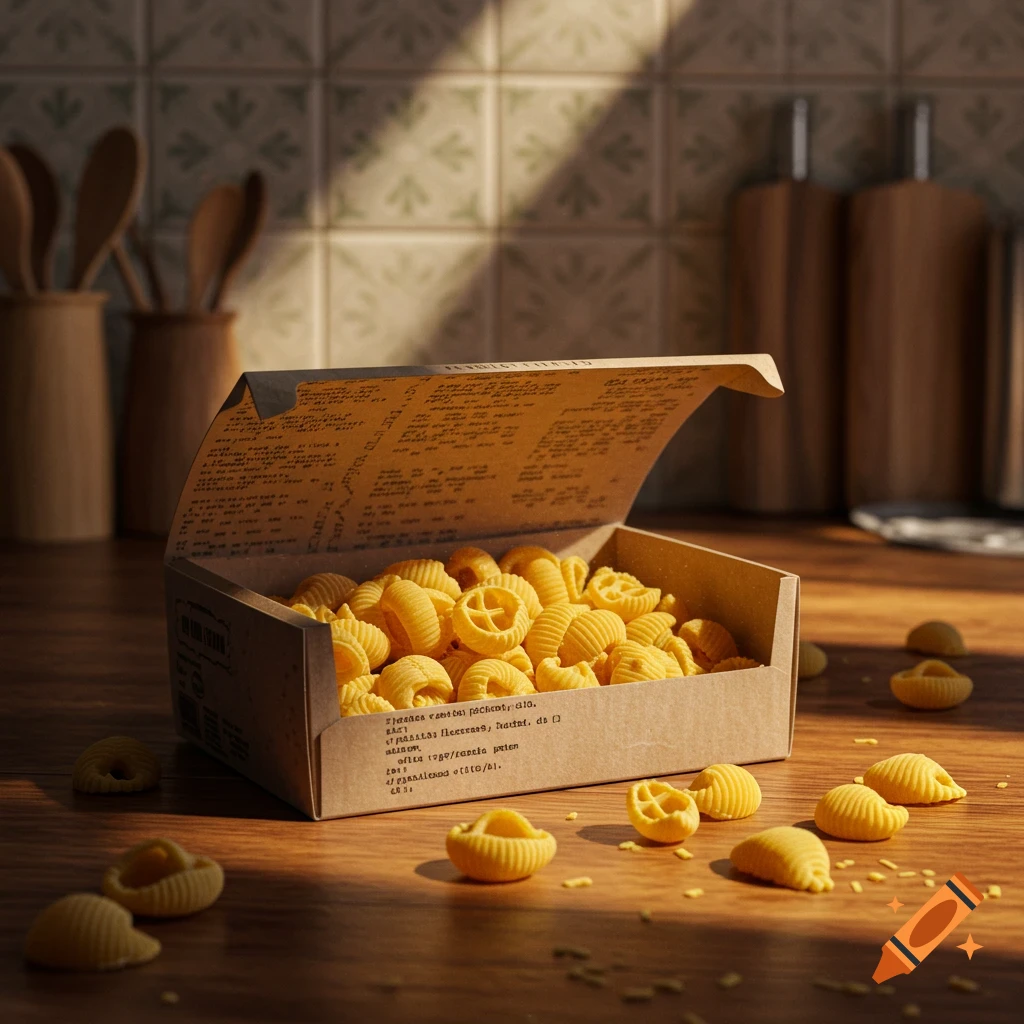 Photorealistic image of a cardboard box overflowing with various shapes of dry pasta, including rotelle and conchiglie, sitting on a wooden kitchen counter. Sunlight streams across the scene, highlighting some scattered pasta shapes around the box. The background shows tiled walls and blurred kitchen utensils.
