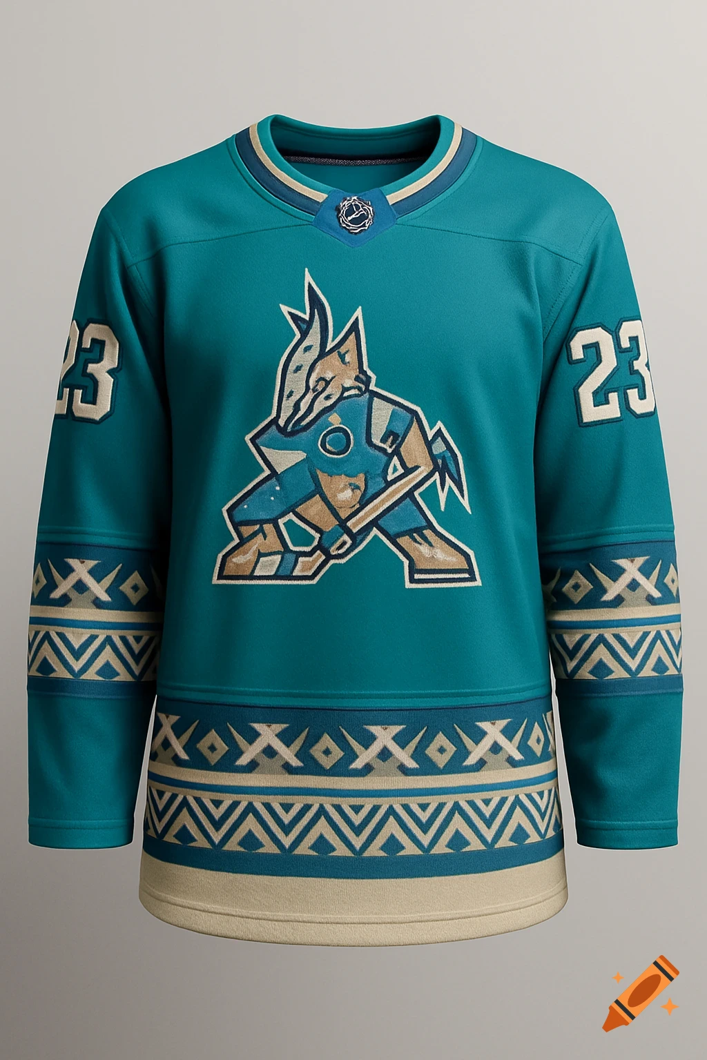 A detailed turquoise hockey jersey with a Kachina Coyote logo, numbers '23' on the sleeves, and Native American-inspired patterns.