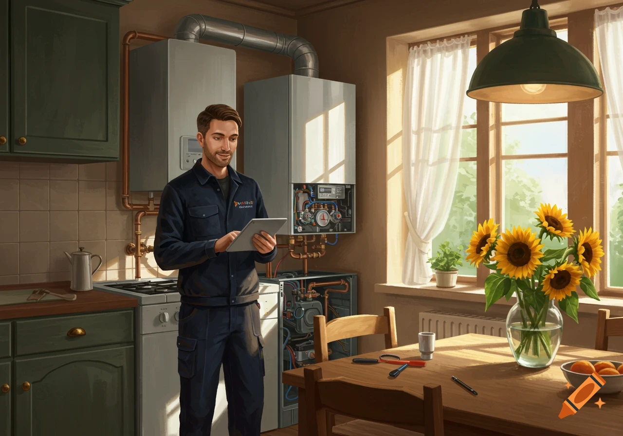 A male boiler technician in uniform checks a tablet in a bright kitchen with a gas boiler and sunflowers.