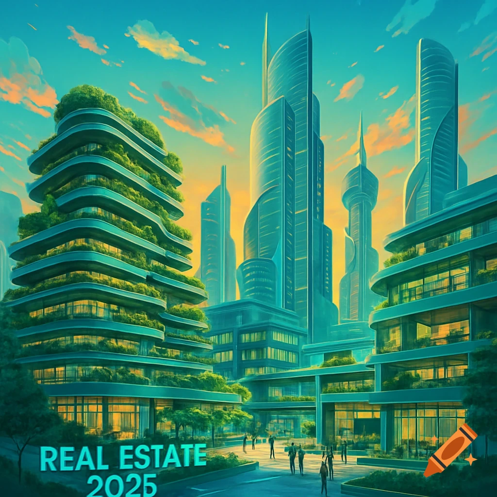 A vibrant, stylized illustration of a futuristic city with tall, green-covered buildings and people walking below. Text: REAL ESTATE 2025.