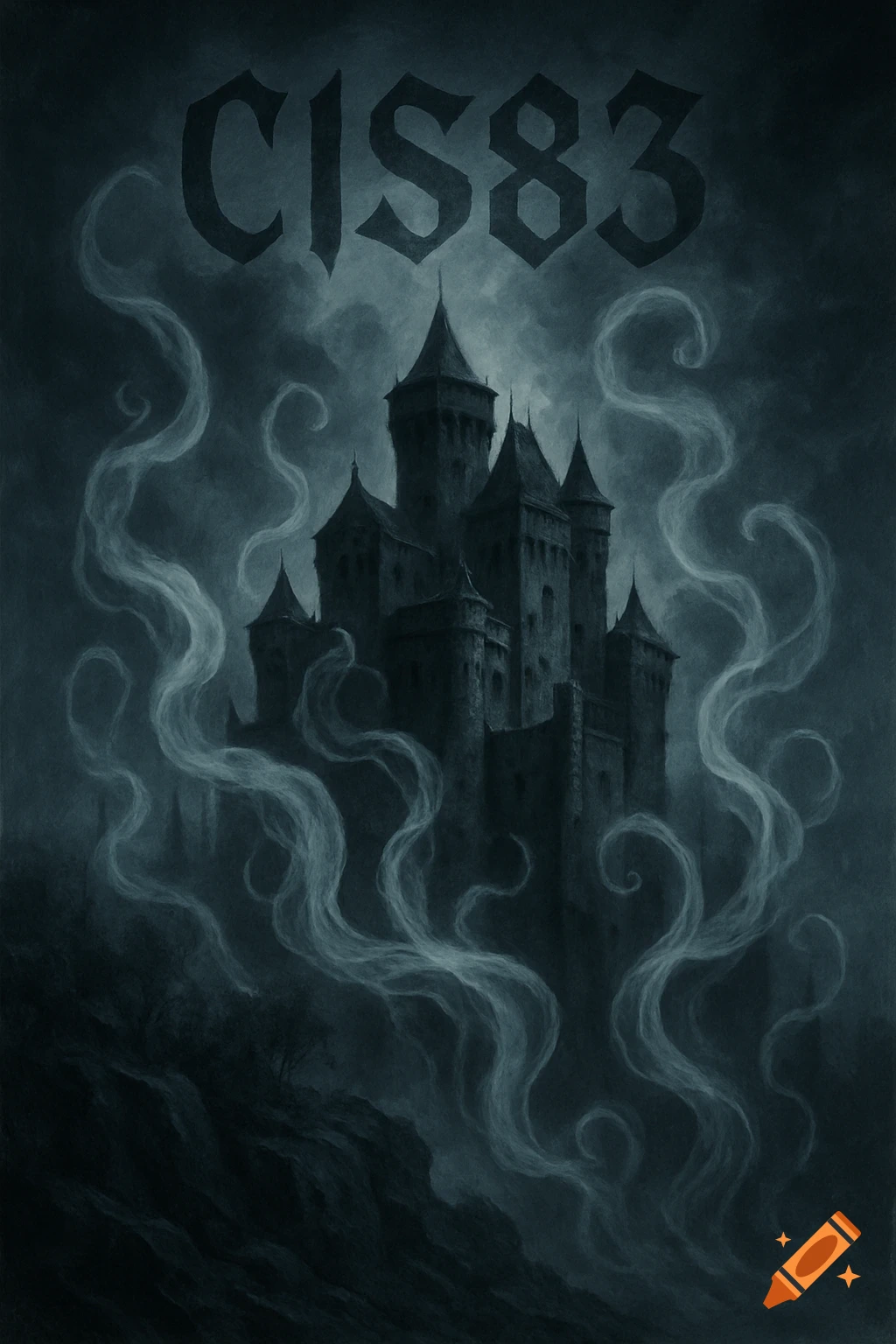 A dark, gothic castle on a misty hill, with "CIS83" text above it, in a painterly style.