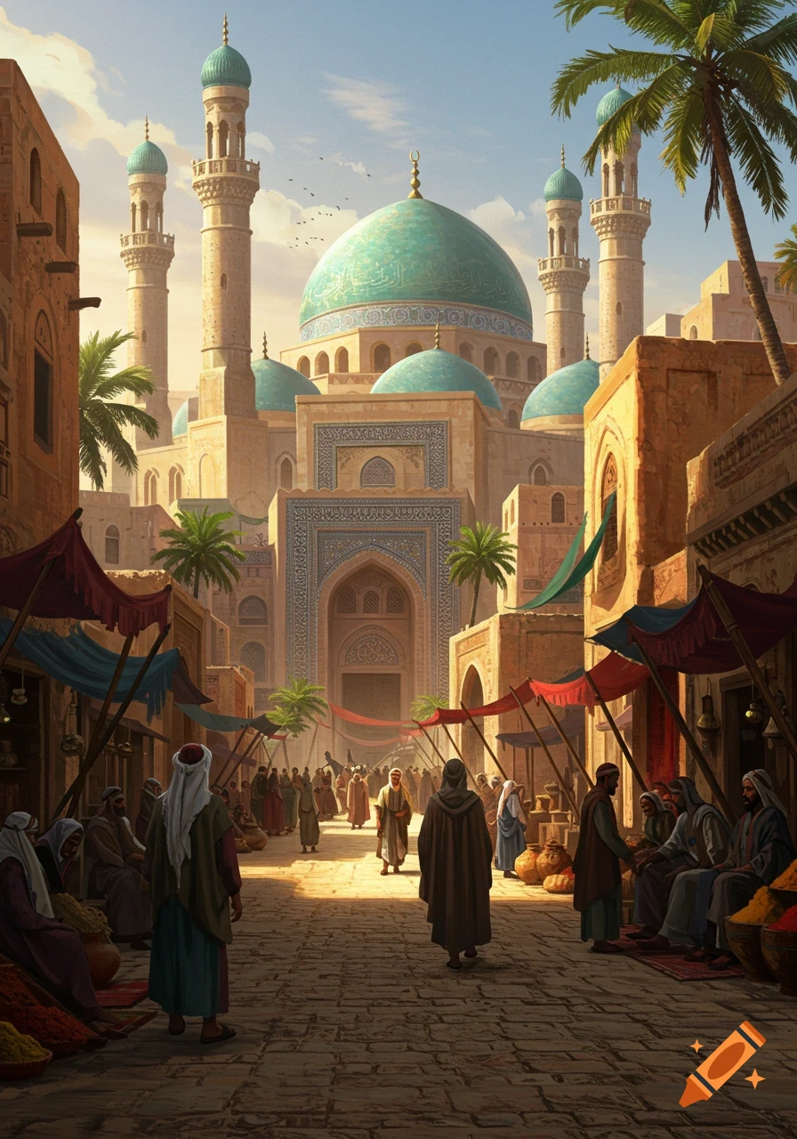A bustling ancient Middle Eastern marketplace leads to a grand mosque with turquoise domes and minarets, under a sunny sky.