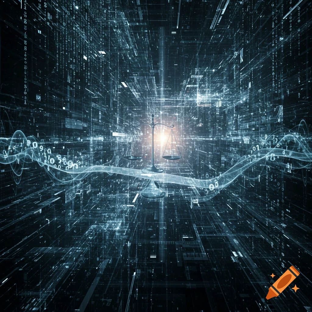 A scale of justice in an abstract, glowing digital space filled with binary code and light trails, representing data and law.