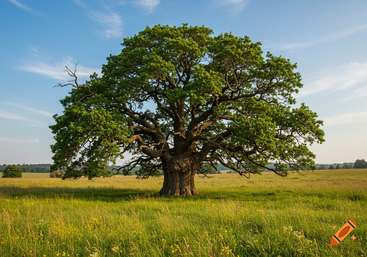 A large, ancient oak tree stands alone in a sunlit green meadow under a blue sky, photorealistic.