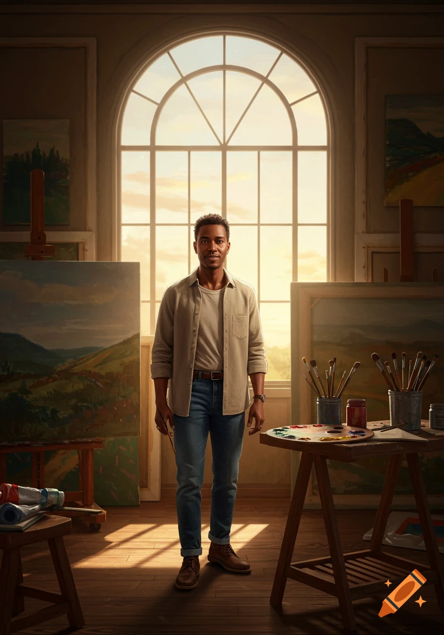 A man stands in an art studio, holding a paintbrush, with paintings and art supplies around him and a large arched window behind him.