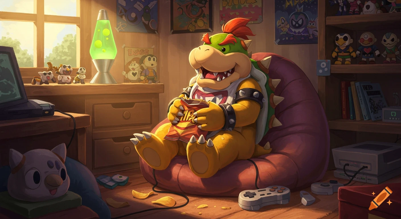 Cartoon of Bowser Jr., a large turtle-like creature, happily eating chips while sitting in a beanbag chair in a sunlit room filled with gaming memorabilia and a lava lamp.